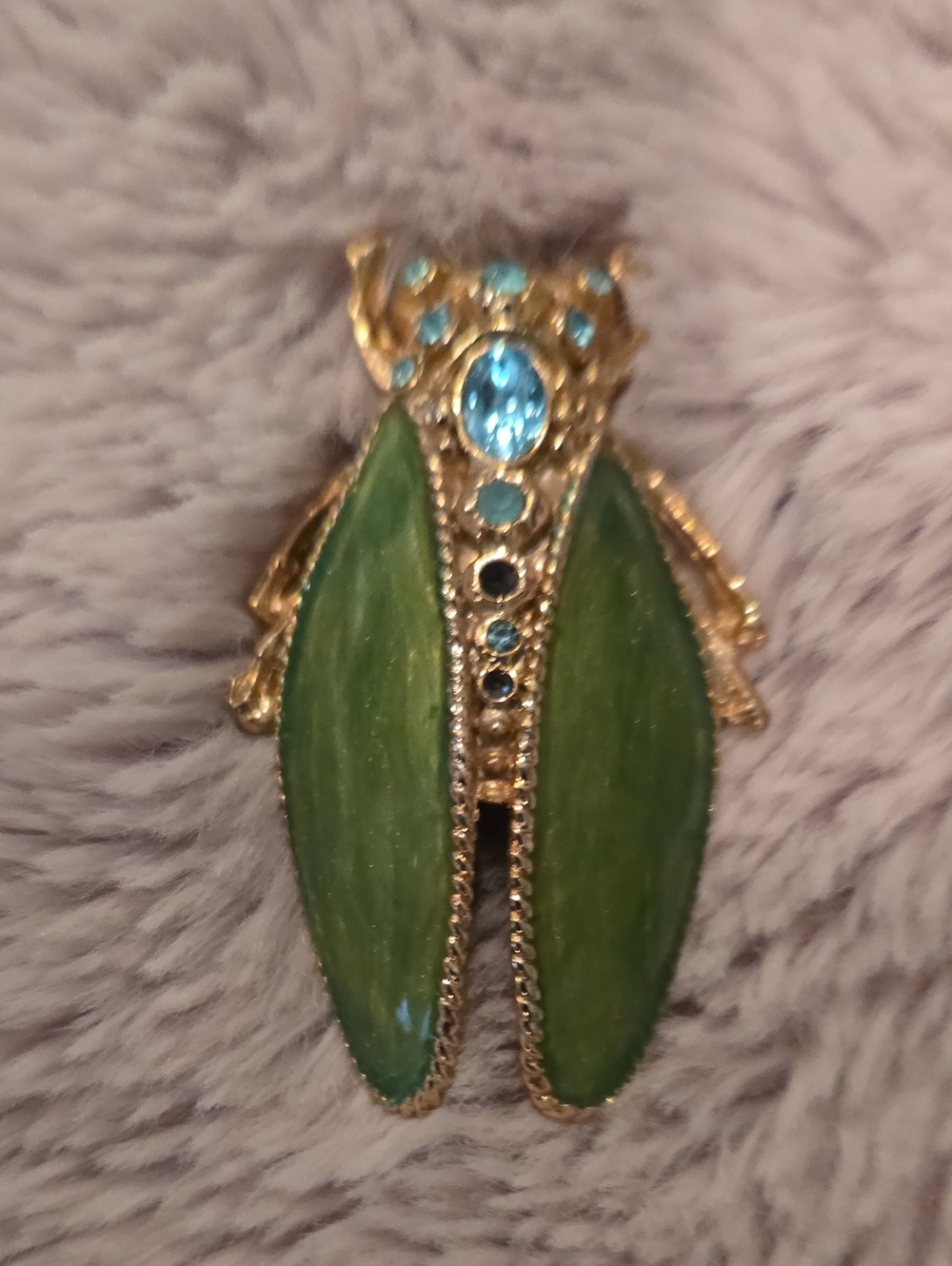 Gold-Tone Green Enamel Cicada Brooch with Blue Crystal Accents